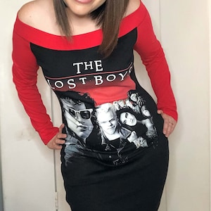 Upcycled Off Shoulder dress made from Lost Boys t-shirt, modified for a flattering female fit and style. Dress has red knit sleeves and shoulder band.