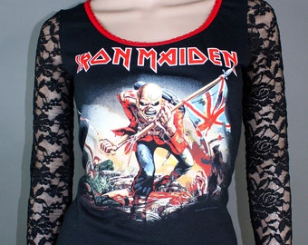 Iron Maiden Upcycled Heavy Metal Shirt Lace Blouse Top Rocker Biker Fashion Band Music Rock