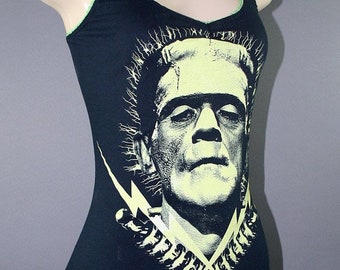 Vestido camisero de Frankenstein modificado, camiseta sin mangas con rayo monstruoso que brilla en la oscuridad, ideal para Halloween.