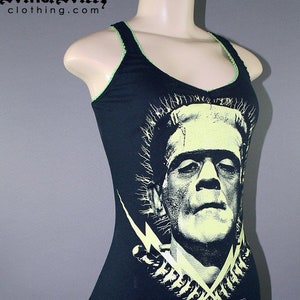 Upcycled Frankenstein Shirt Dress Monster Lightening Bolt Tank Top Glow In The Dark Horror Halloween