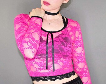 Hot Pink Lace Pastel Goth Crop Top Blouse Vest 80s Punk Grunge Raver Lolita Skater Emo