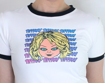 Tiffany Ringer Bride of Chucky Horror Movie Tshirt Top Halloween Childs Play 80s Blouse