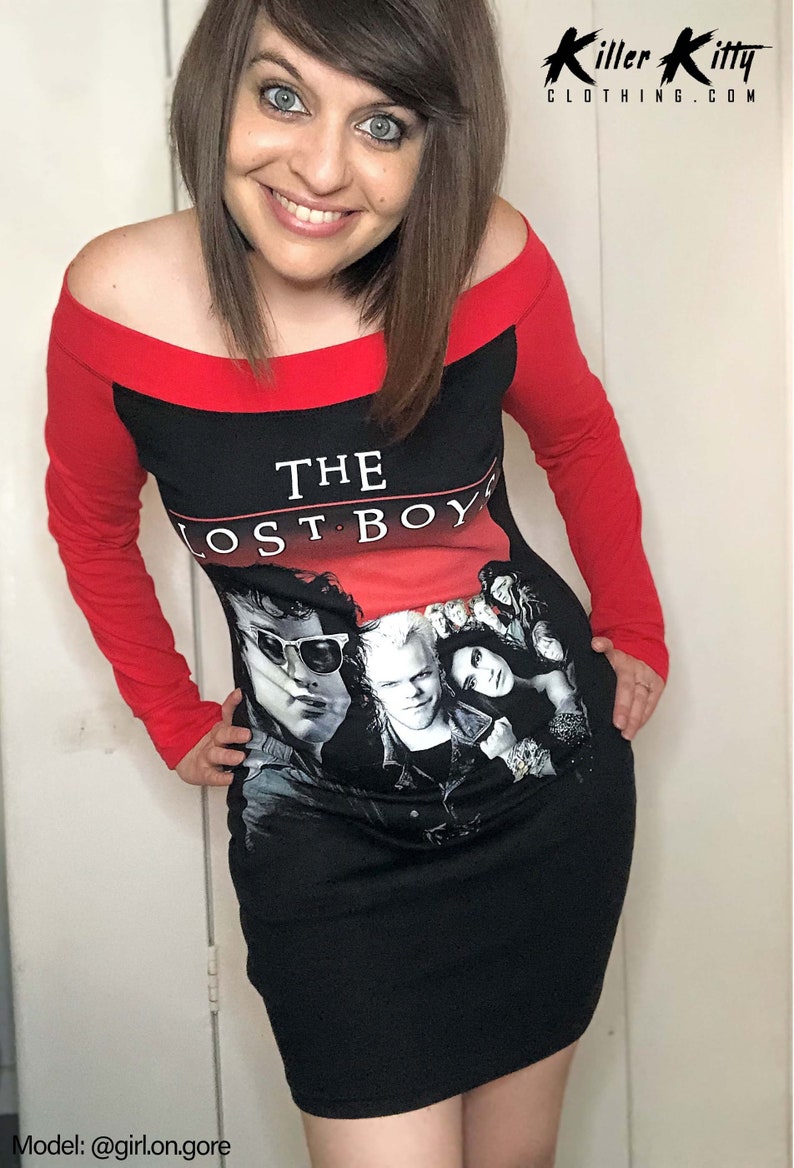 Upcycled Off Shoulder dress made from Lost Boys t-shirt, modified for a flattering female fit and style. Dress has red knit sleeves and shoulder band.