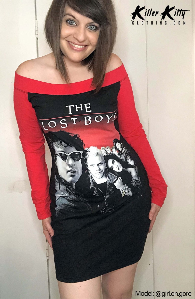 Upcycled Off Shoulder dress made from Lost Boys t-shirt, modified for a flattering female fit and style. Dress has red knit sleeves and shoulder band.