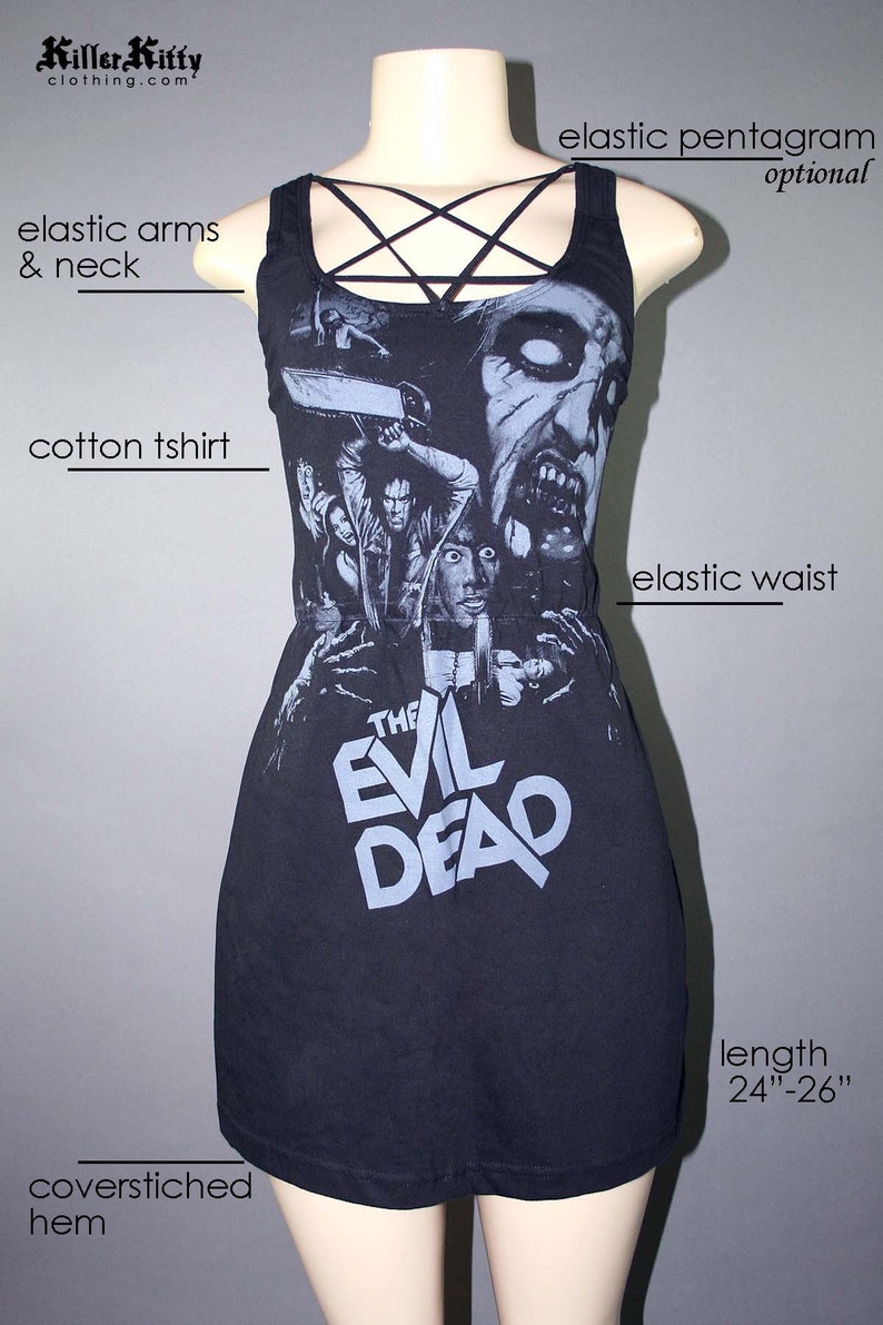Tank dress made from upcycled Evil Dead t-shirt, modified for a flattering female fit and style. It has a black elastic pentagram neck, gathered waist with black, picot elastic trimming the arms and neck.  Order with or without pentagram.