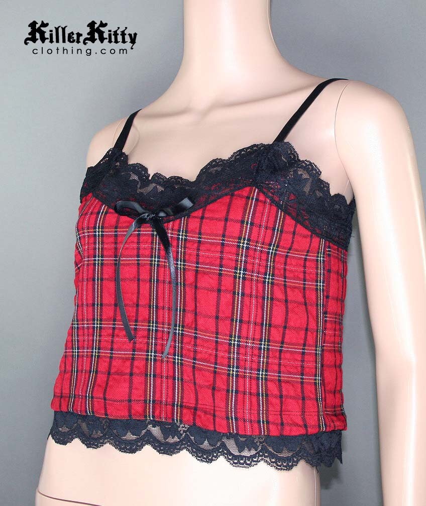 Red Tartan Black Lace Cami Crop Tank Top Punk Rock Grunge Goth Etsy