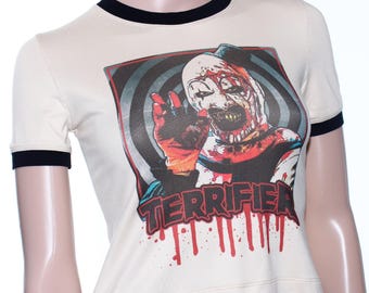 Sztuka Klauna Horror Vintage Tan TShirt Halloween Crop Top Baby Tee Alternatywne ubrania Gotycki Upiorny Klaun Terror