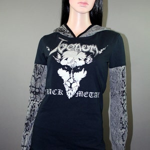 Pullover hoodie made from upcycled Venom shirt, modified for a flattering female fit and style. The hood and sleeves are in black and gray snake print. The hood is lined in black knit and the hem is coverstitched.