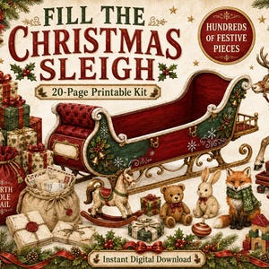 Może przedstawiać: 20-stronicowy zestaw do druku zatytułowany Fill the Christmas Sleigh, zawierający czerwono-zielone sanie, renifera, worek North Pole Mail, konia na biegunach, pluszowego misia, królika, lisa oraz różne zapakowane prezenty ze świątecznymi dekoracjami.