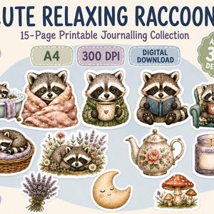 Puede incluir: Una colección digital de 350 diseños imprimibles titulada CUTE RELAXING RACCOONS, en formato A4 y 300 DPI. Los gráficos incluyen mapaches en bañeras, envueltos en mantas, con tazas, leyendo, además de flores, una tetera y una vela.