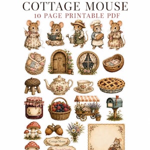 Può includere: Un PDF stampabile di 10 pagine intitolato COTTAGE MOUSE con illustrazioni di topi vestiti, una porta in legno, una finestra, una teiera, una torta, un barattolo di marmellata, un cesto di bacche, un carretto di fiori, una cassetta postale, funghi, ghiande e carta da lettere floreale.