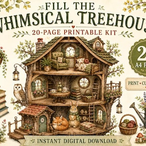 Puede incluir: Un kit imprimible de 20 páginas titulado FILL THE WHIMSICAL TREEHOUSE que presenta ilustraciones de una casa del árbol de varios niveles, una pila de libros con una taza de té, una cesta de flores colgante, una regadera y una cesta de manzanas.