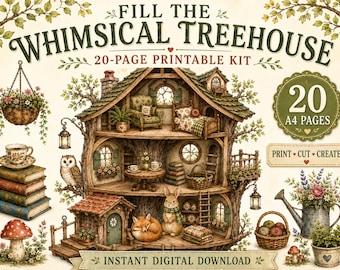 Puede incluir: Un kit imprimible de 20 páginas titulado FILL THE WHIMSICAL TREEHOUSE que presenta ilustraciones de una casa del árbol de varios niveles, una pila de libros con una taza de té, una cesta de flores colgante, una regadera y una cesta de manzanas.