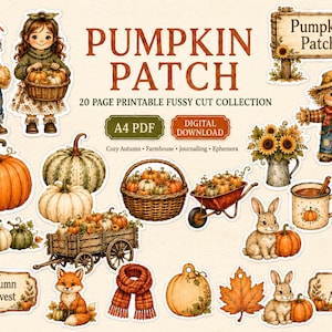 May include: A digital collection of printable stickers featuring autumn themes including children, pumpkins, a scarecrow, a rabbit, a fox, a wheelbarrow, a wagon, a mug, a pie slice, a scarf, and signs with the text Pumpkin Patch and Autumn Harvest.