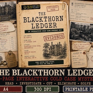 May include: The Blackthorn Ledger interactive cold case mystery kit featuring a central file folder with case details, crime scene photographs, a guest register, a brass key with a room tag, evidence tags, and a floor plan of Blackthorn House Hotel.