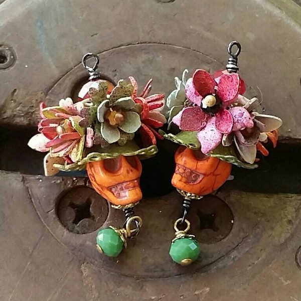 Orange Day of the Dead skulls and flowers Earrings by Wendy Baker