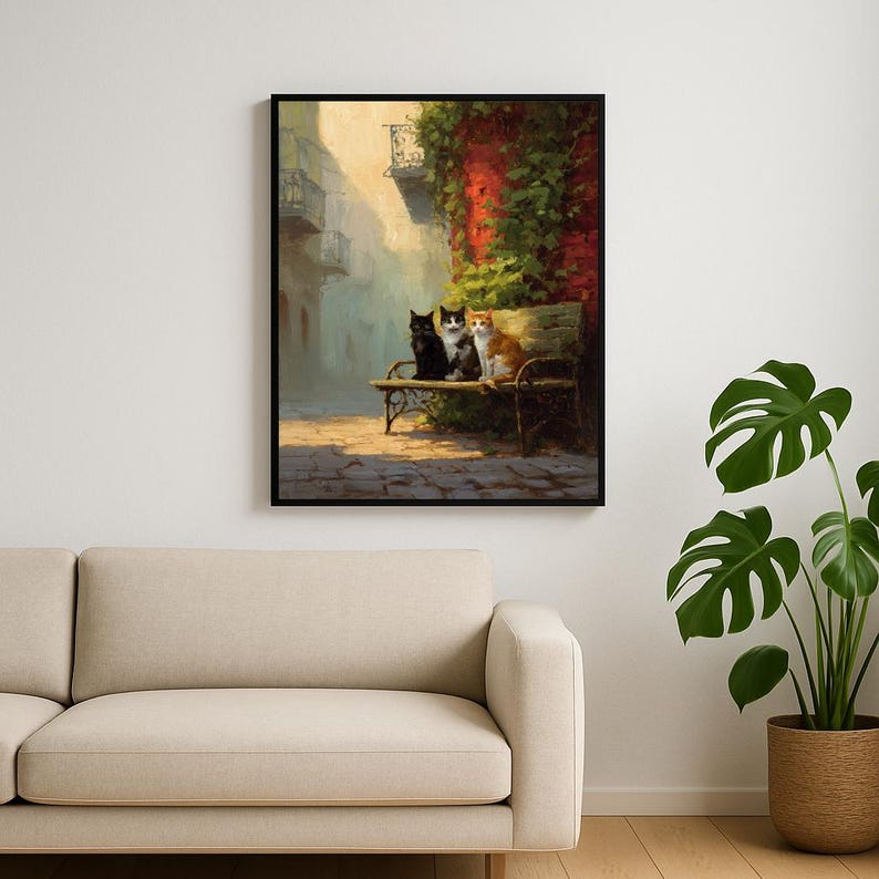 Impresión de arte mural de gatos vintage, escena callejera europea, póster estilo pintura al óleo imagen 3