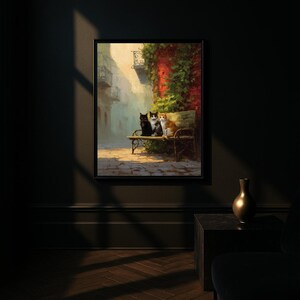 Impresión de arte mural de gatos vintage, escena callejera europea, póster estilo pintura al óleo imagen 7