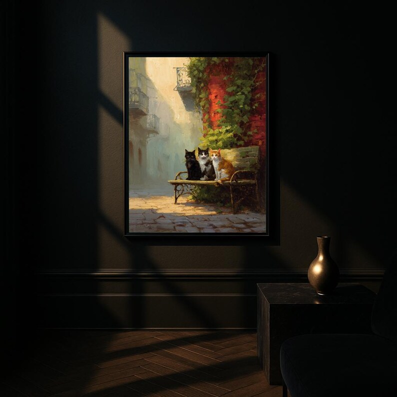 Impresión de arte mural de gatos vintage, escena callejera europea, póster estilo pintura al óleo imagen 7