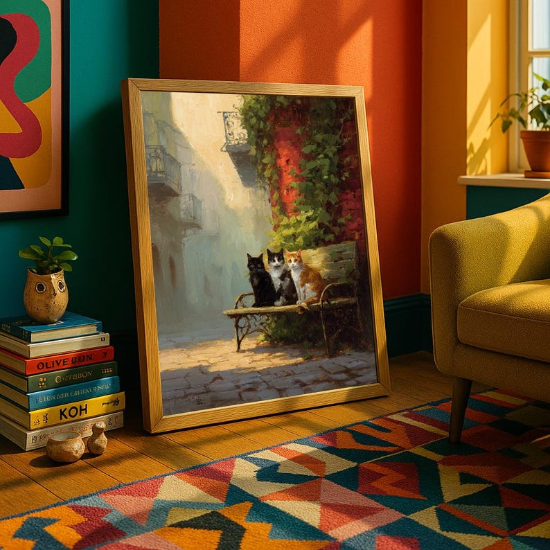 Impresión de arte mural de gatos vintage, escena callejera europea, póster estilo pintura al óleo imagen 8