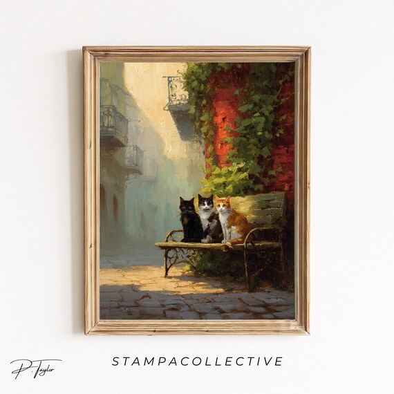 Cat Wall Art Print  Vintage Cat Poster, Three Cats Painting, Calico & Black Cat Artwork, Cat gift, Cozy European Street Scene, retro print