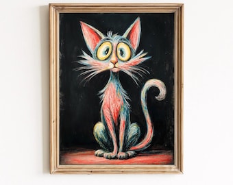 Impresión artística de gato colorido de ojos grandes / Póster de gatito peculiar y caprichoso