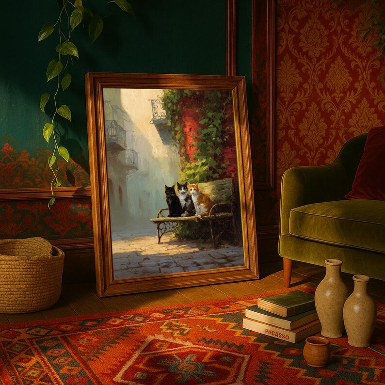 Impresión de arte mural de gatos vintage, escena callejera europea, póster estilo pintura al óleo imagen 9
