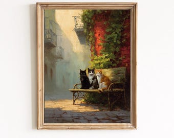 Vintage Cats Wall Art Print, European Street Scene, Oil Painting Style Poster