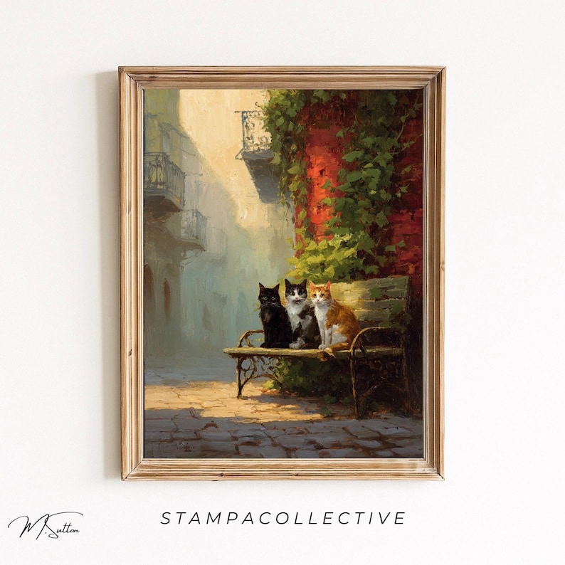 Impresión de arte mural de gatos vintage, escena callejera europea, póster estilo pintura al óleo imagen 1