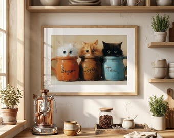 Impresión de gatos en tazas / Arte de pared acogedor para la cocina, decoración caprichosa de animales