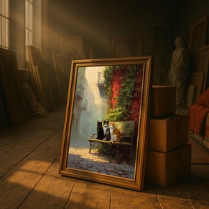 Impresión de arte mural de gatos vintage, escena callejera europea, póster estilo pintura al óleo imagen 2