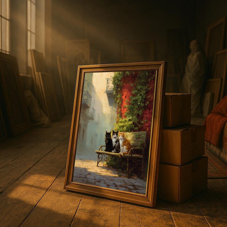 Impresión de arte mural de gatos vintage, escena callejera europea, póster estilo pintura al óleo imagen 2