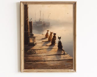 Impresión de Gatos del Amanecer en el Puerto: Pintura al óleo vintage, arte náutico costero