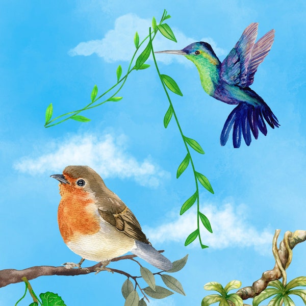Imagen de pájaro y colibrí, naturaleza, paisaje de pájaros, imagen digital de pájaros, pintura al óleo, cielo azul.
