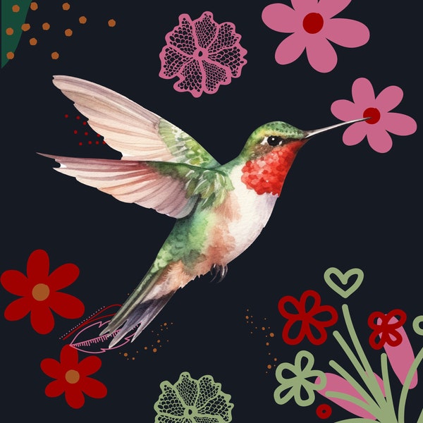 Imagen de Colibrí imprimible, arte de pared,imagen de colibrí a color, imagen de colibrí en una flor, decoración de espacios.