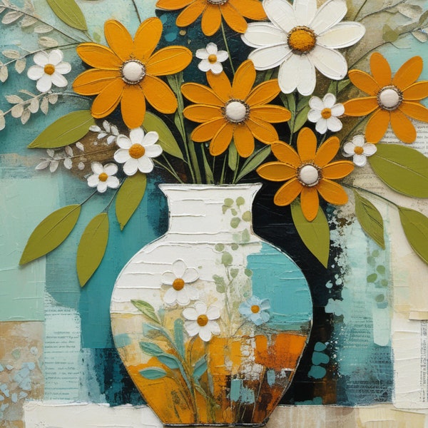 Jarrón con flores en acuarela, flores naranja y blanca, arte floral, imprimible digital, diseño de interiores, flores silvestres.