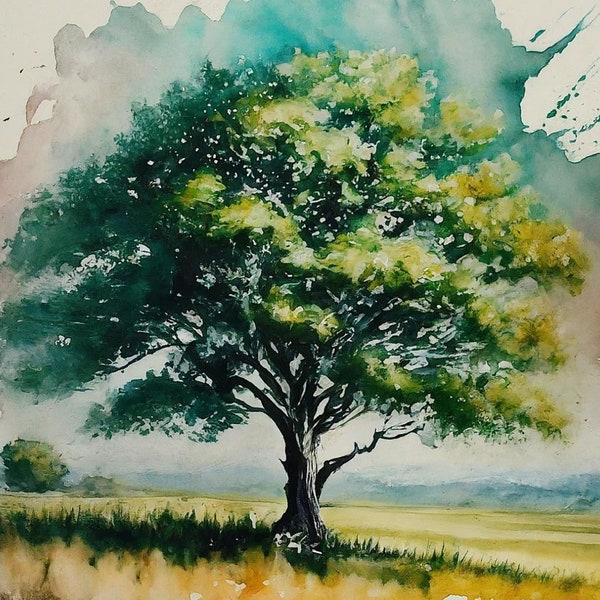 Árbol en acuarela, imagen digital, Técnica de pintura, obra de arte, Decoración de espacios, arte en acuarela.