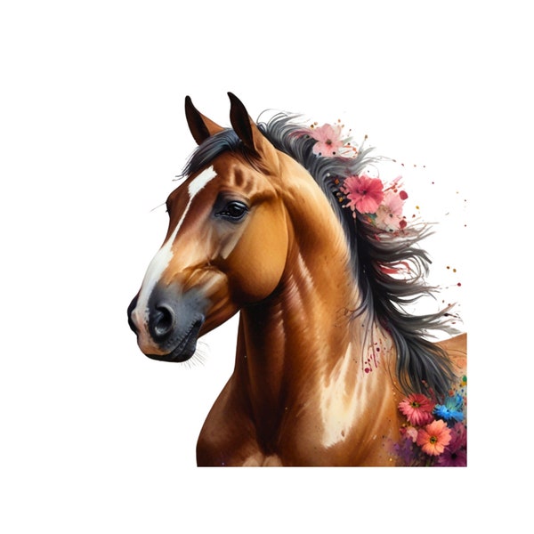 Imagen prediseñada de caballo, arte imprimible, descarga instantanea JPG, caballo con flores, Clipart imagen caballo con flores.