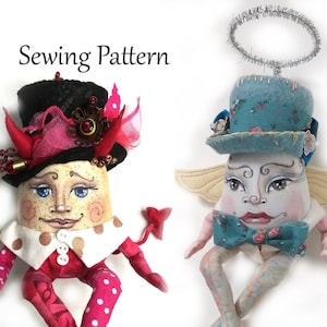 May include: Sewing pattern for an angel and devil egg doll. The angel doll is wearing a blue hat with white flowers and a bow tie. The devil doll is wearing a black top hat with red horns and a red and white polka dot outfit. Both dolls have painted faces and are sitting on a white background. The text "Angel/Devil Egg" and "humpty dumpty accessory add-on" is below the dolls.