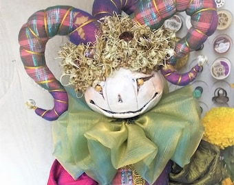 Halloween DIY Pumpkin Head Jester Online Class Workshop Jack O' Lantern Cloth & Paper Clay Art Doll Tutorial PDF and Video