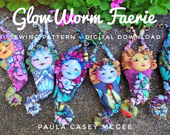 DIY Sewing Pattern - Digital Download - GlowWorm Faerie cloth art wearable doll pin and ornament original by Paula Casey McGee