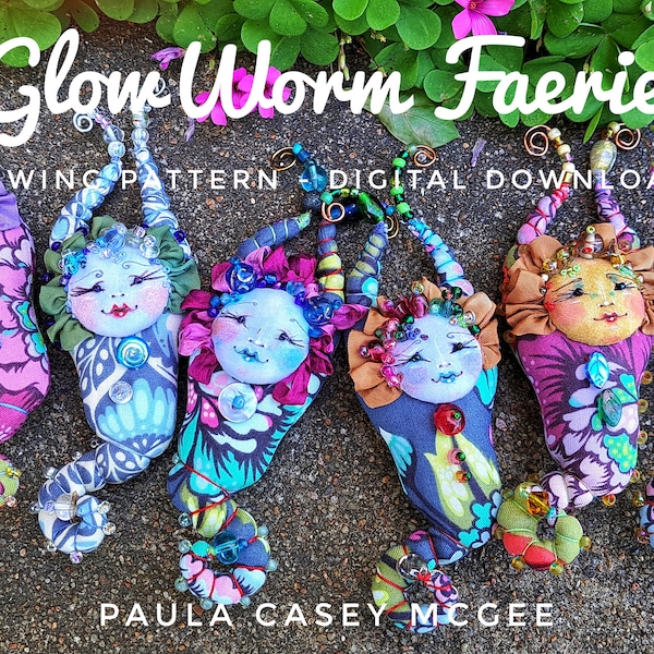 DIY Sewing Pattern - Digital Download - GlowWorm Faerie cloth art wearable doll pin and ornament original by Paula Casey McGee