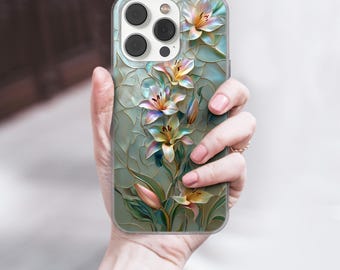 Lillies Phone Case Stained Glass cover fits iPhone 12 Pro, iPhone 16 Plus, Samsung S24, A53, S21, S23 Ultra, Google pixel 9,  6A