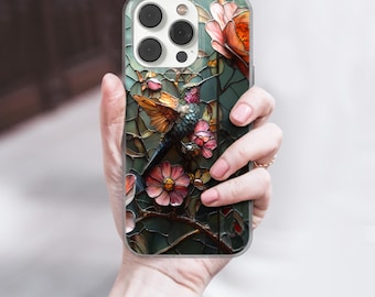 Hummingbird Phone Case Stained Glass cover fits iPhone 12 Pro, iPhone 16 Plus, Samsung S24, A53, S21, S23 Ultra, Google pixel 9,  6A