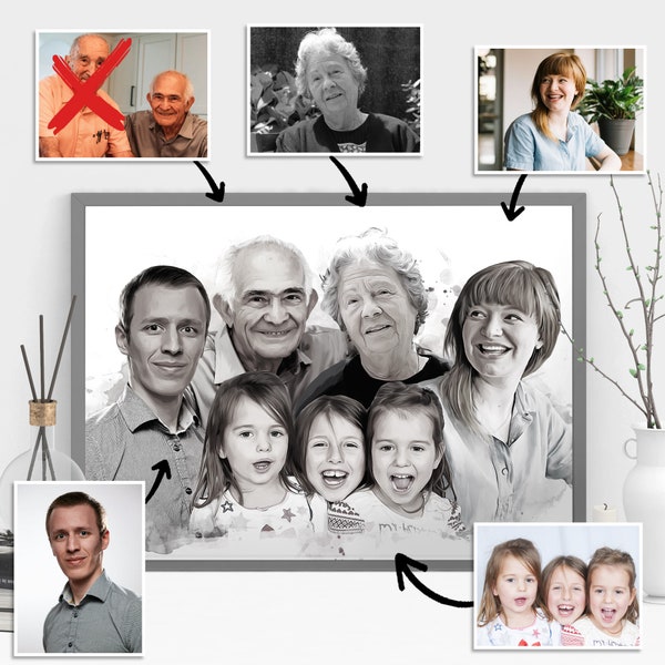 Ajouter des personnes à la photo, portrait de famille personnalisé noir et blanc, ajouter un être cher décédé, cadeau commémoratif