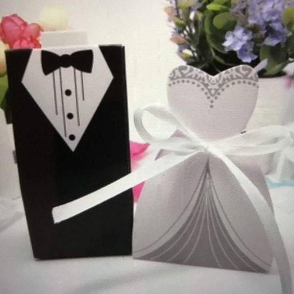 100pc wedding Favor Gift Box Set/Groom Tuxedo Bride Dress+Ribbon/Paper/Party A4 US Seller Ship Fast
