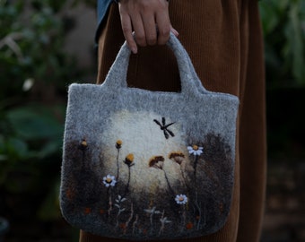 Handmade Felted Wool Bag with Embroidered Dragonfly and Wildflowers Design,Women's bag, Tote bag,shouder bag, gift for women