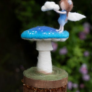 Blue Angel Wool Felt, Needle Felted Fairy on Blue Mushroom with Cloud, Table Decoration, Personalized Gifts,  Gifts for Her