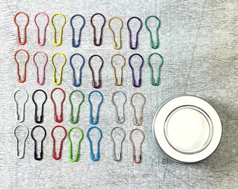 30 x MYSTERY Multi Colour Coil less French Bulb Calabash Gourd Safety Knitters Pins Stitch Markers & tin