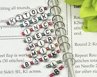 Instructional Knitting Abbreviation Stitch Markers - Metallics - Black on Silver - Choose rings or clasps |k2tog ssk inc dec
